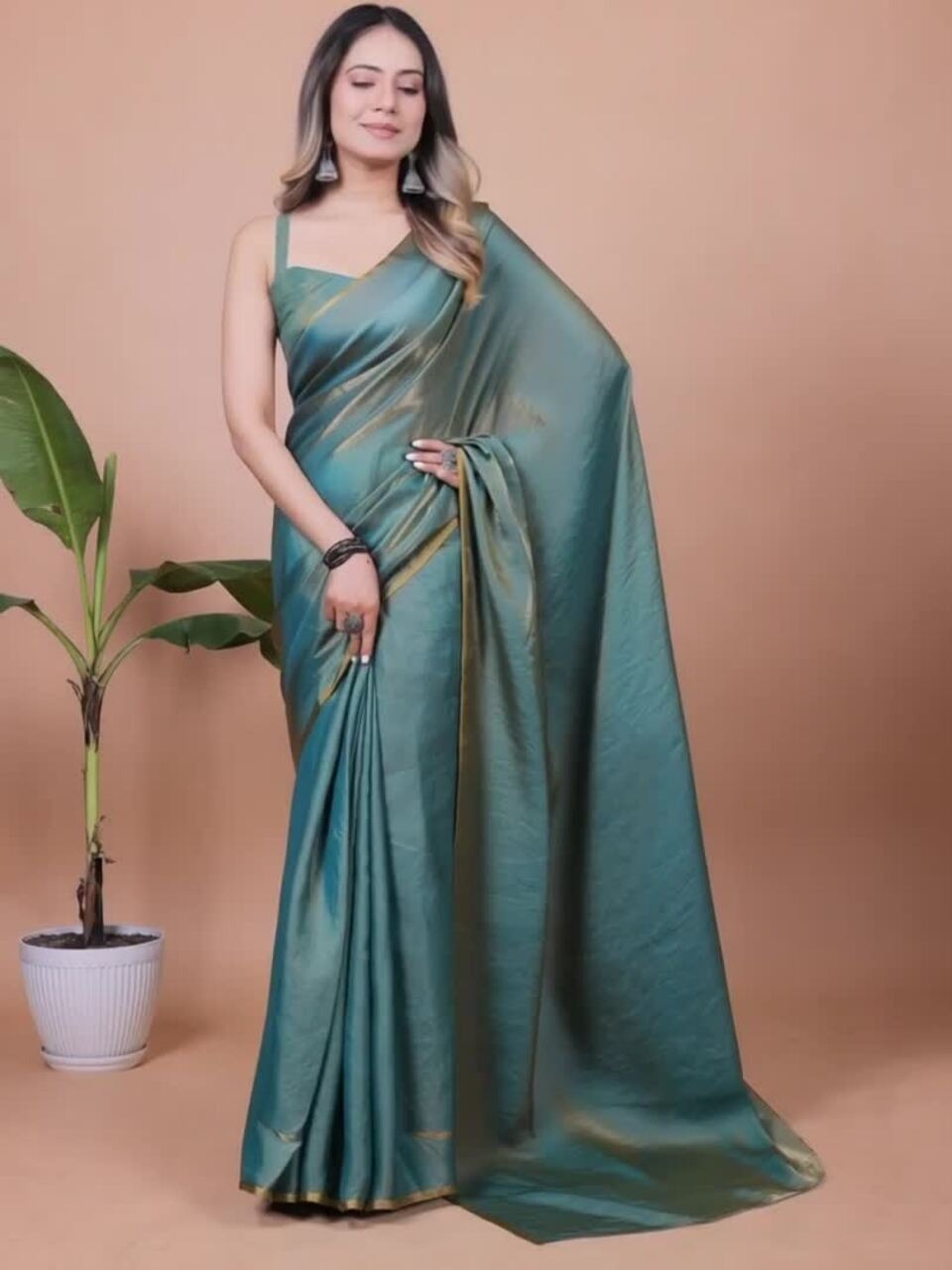 Plain Satin  Fendy Two Tone Saree