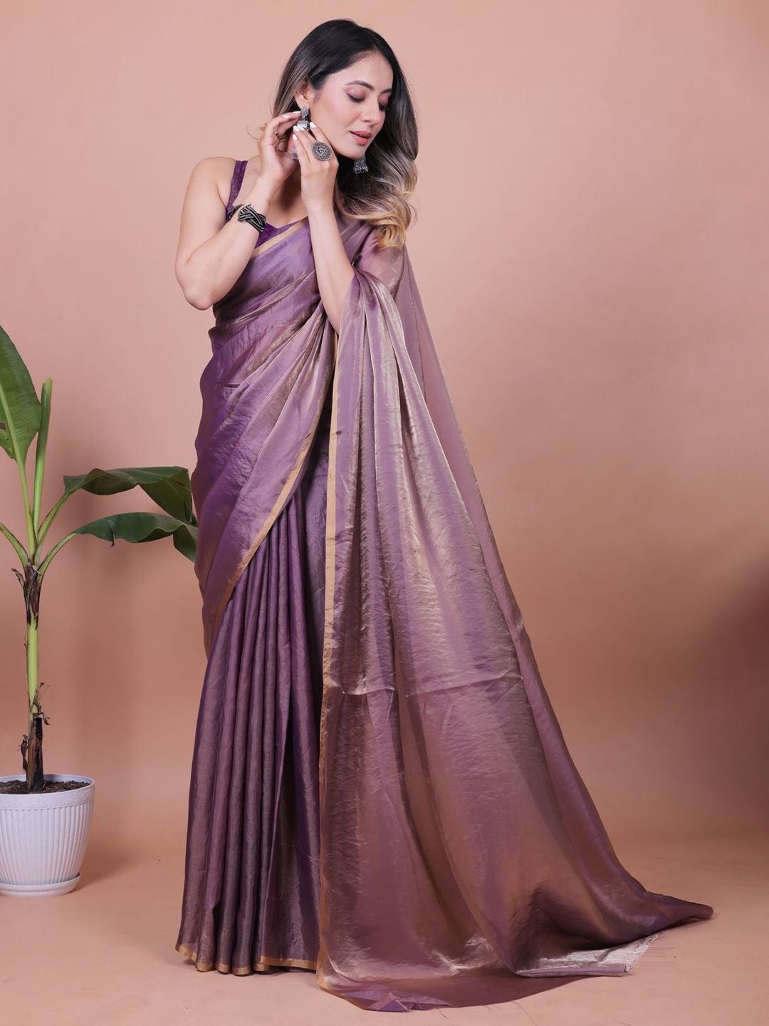 Plain Satin  Fendy Two Tone Saree