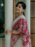 Trending Off-White & Red Linen Saree with Traditional Folk Art Print