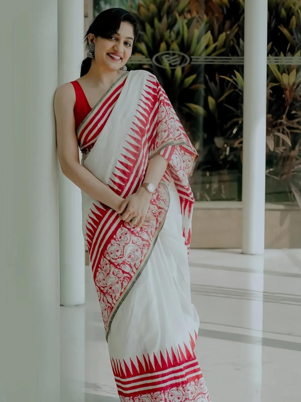 Trending Off-White & Red Linen Saree with Traditional Folk Art Print