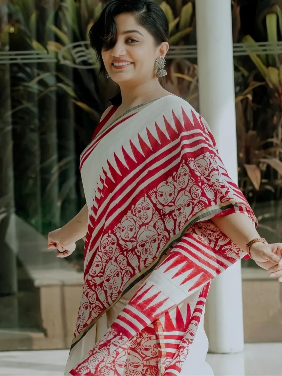 Trending Off-White & Red Linen Saree with Traditional Folk Art Print