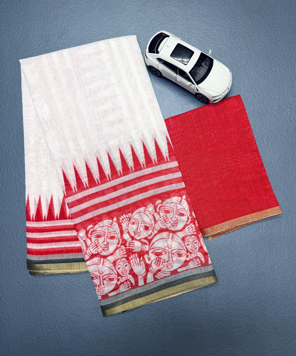 Trending Off-White & Red Linen Saree with Traditional Folk Art Print