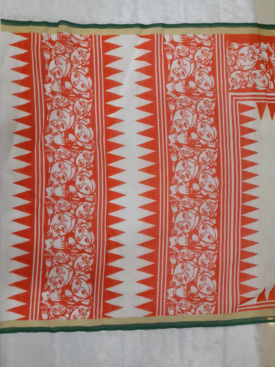 Trending Off-White & Red Linen Saree with Traditional Folk Art Print