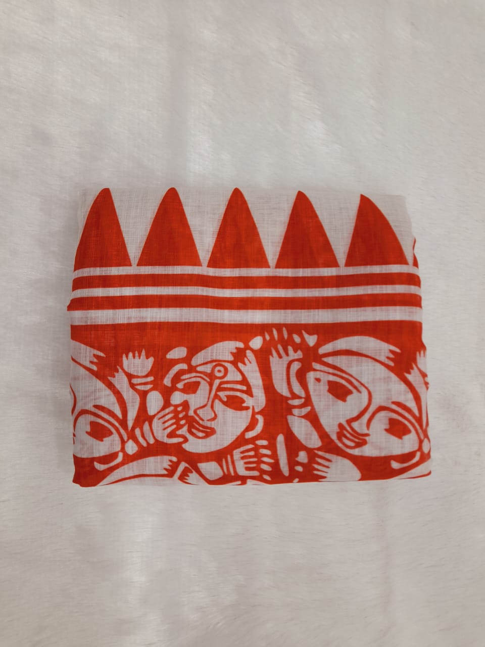 Trending Off-White & Red Linen Saree with Traditional Folk Art Print