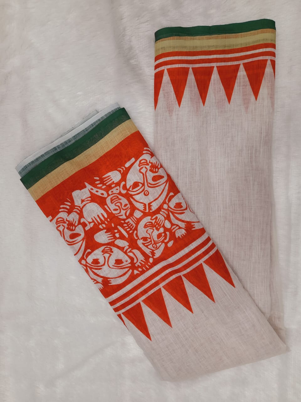 Trending Off-White & Red Linen Saree with Traditional Folk Art Print
