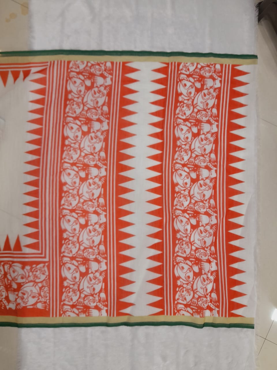 Trending Off-White & Red Linen Saree with Traditional Folk Art Print
