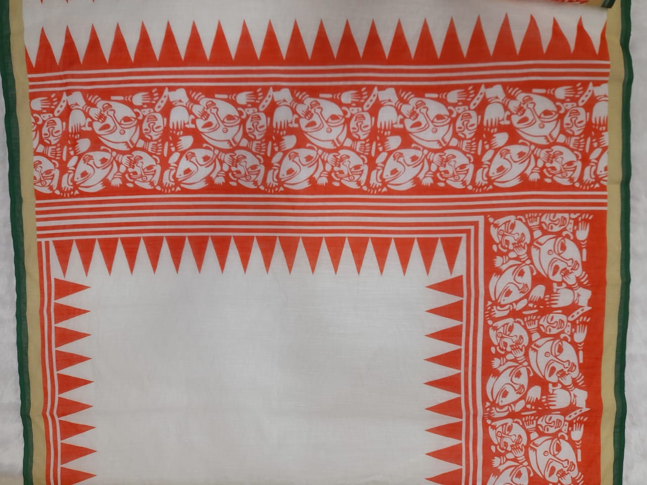 Trending Off-White & Red Linen Saree with Traditional Folk Art Print