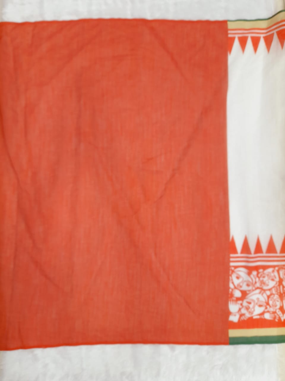 Trending Off-White & Red Linen Saree with Traditional Folk Art Print