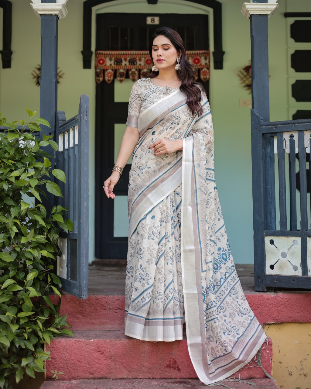 Off-White & Blue Linen Cotton Saree with Paisley Floral Print