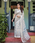Off-White & Blue Linen Cotton Saree with Paisley Floral Print