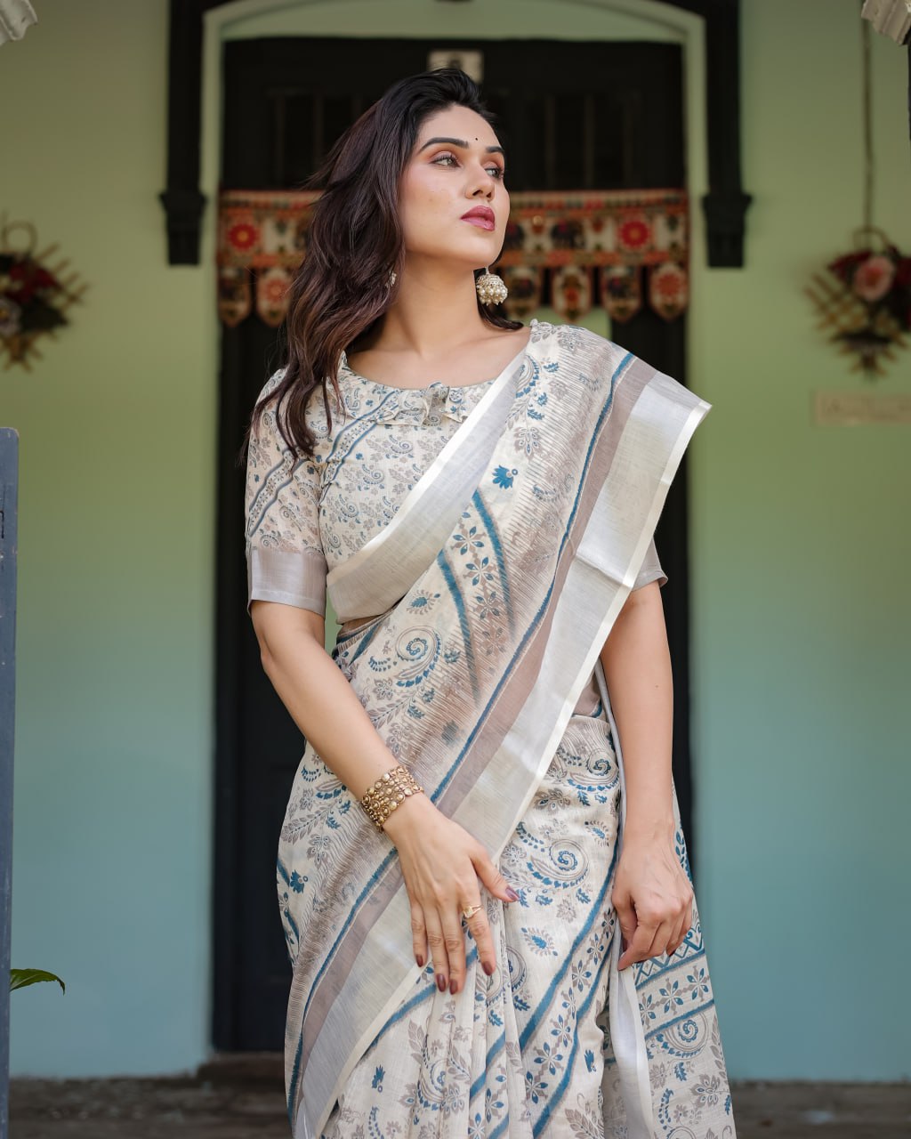 Off-White & Blue Linen Cotton Saree with Paisley Floral Print