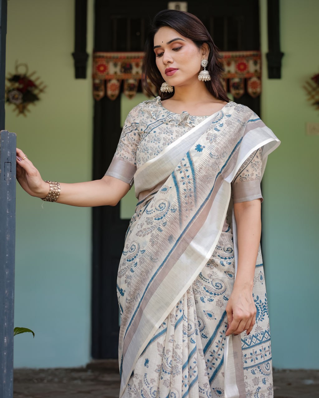 Off-White & Blue Linen Cotton Saree with Paisley Floral Print
