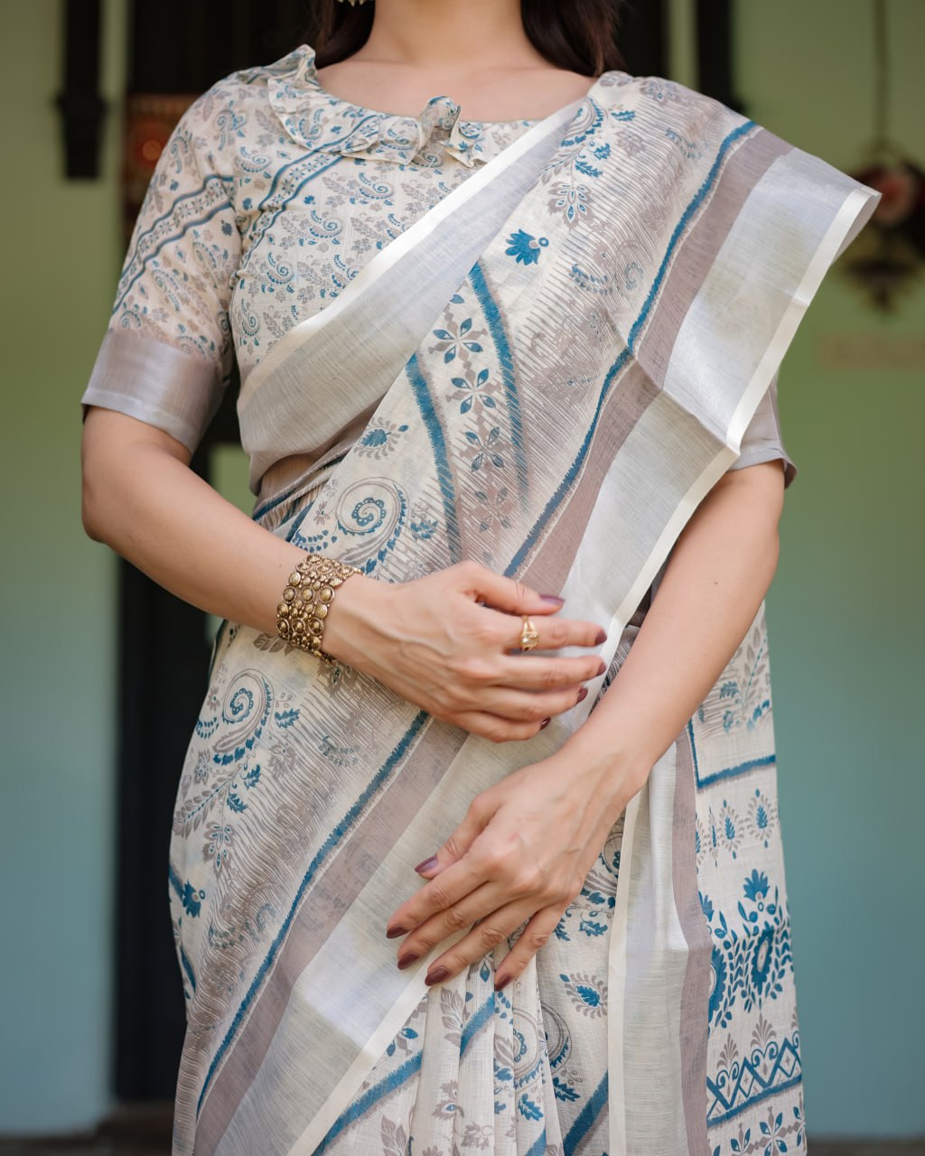 Off-White & Blue Linen Cotton Saree with Paisley Floral Print