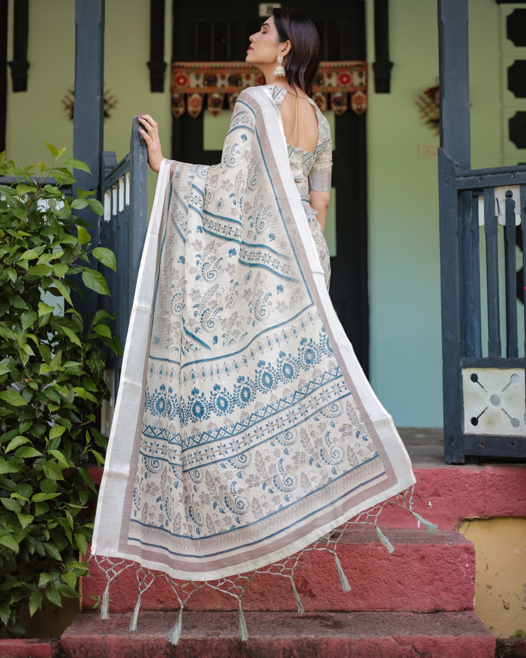 Off-White & Blue Linen Cotton Saree with Paisley Floral Print