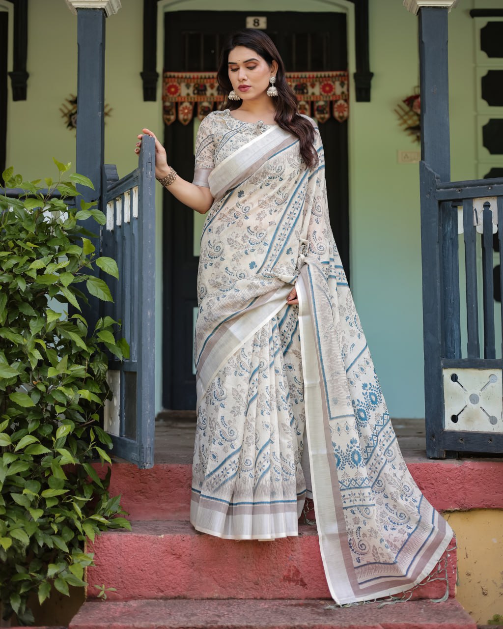 Off-White & Blue Linen Cotton Saree with Paisley Floral Print