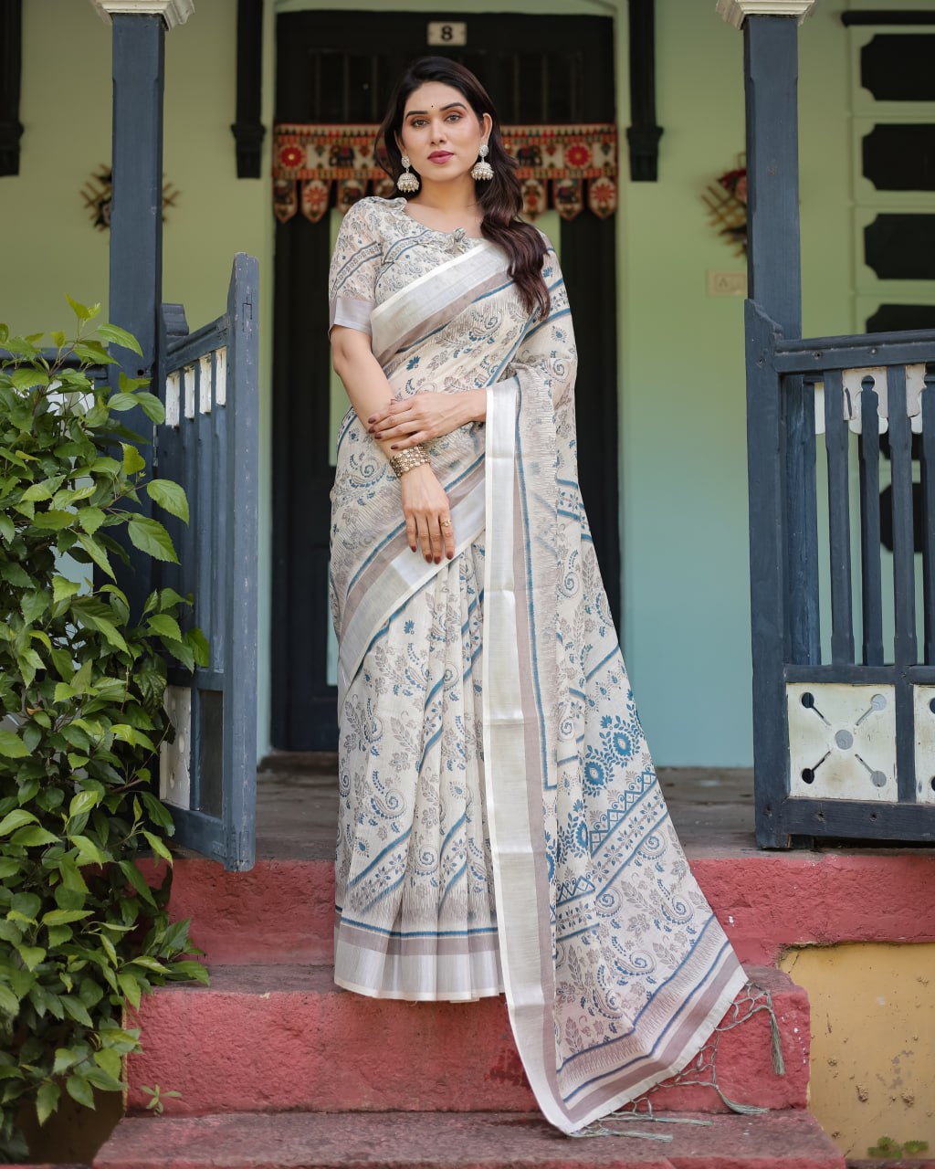 Off-White & Blue Linen Cotton Saree with Paisley Floral Print