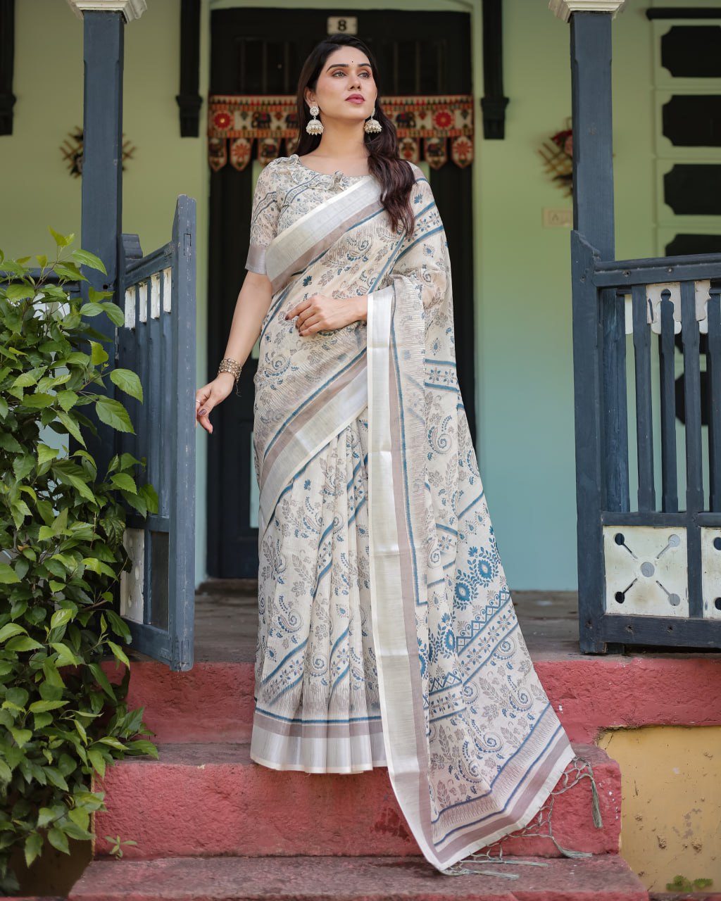 Off-White & Blue Linen Cotton Saree with Paisley Floral Print