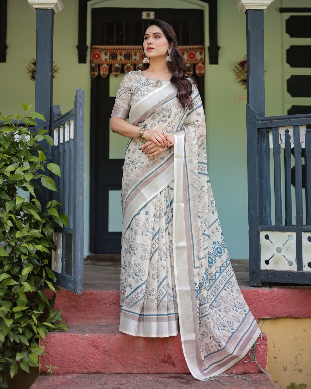 Off-White & Blue Linen Cotton Saree with Paisley Floral Print