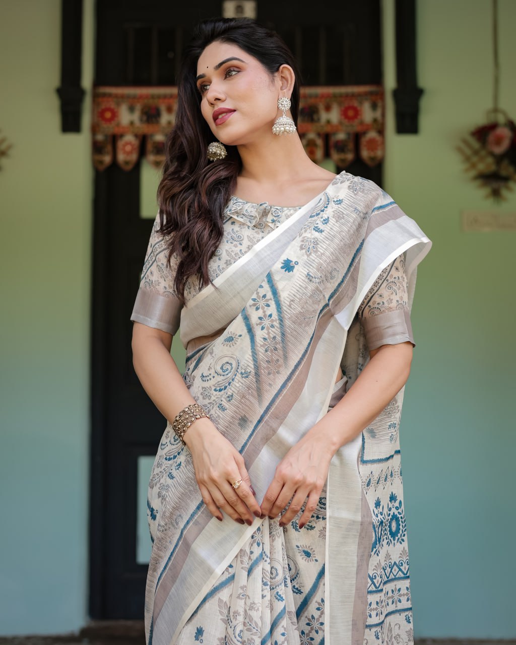 Off-White & Blue Linen Cotton Saree with Paisley Floral Print