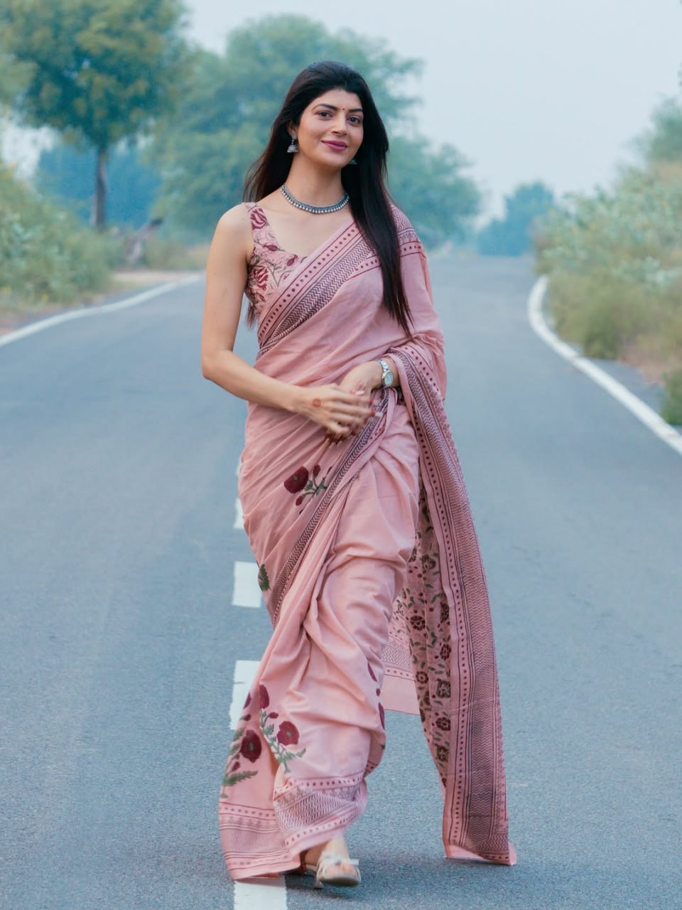 NEW OFF PINK LINEN COTTON SAREE