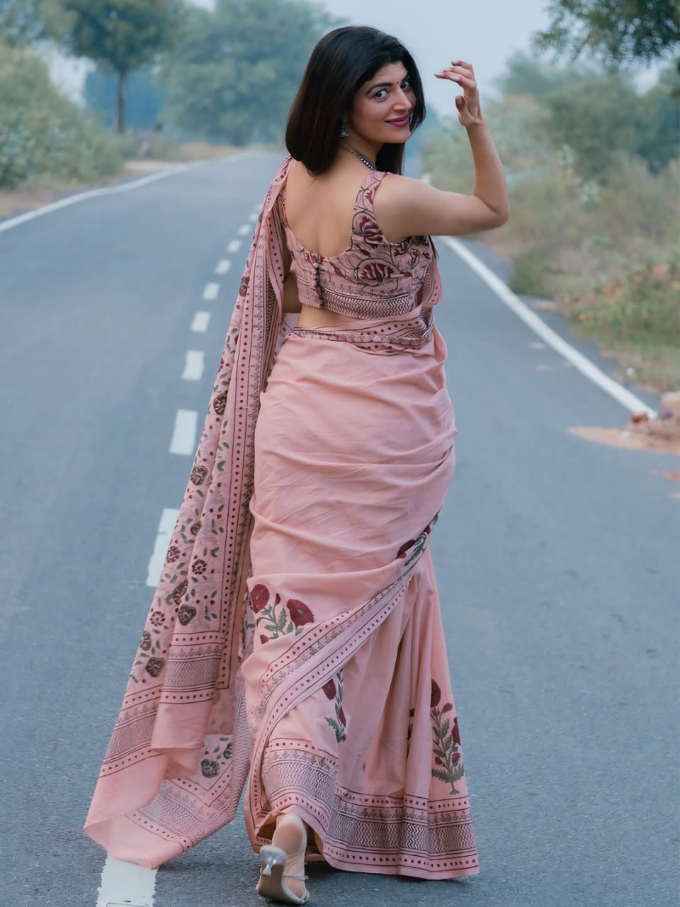 NEW OFF PINK LINEN COTTON SAREE
