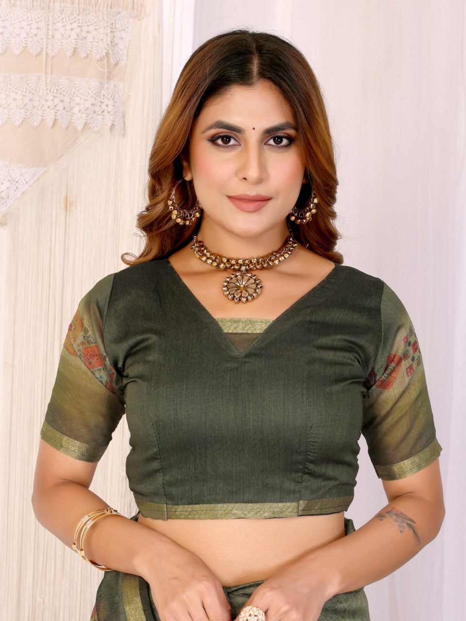 Olive Green Chanderi Saree with Woven Design