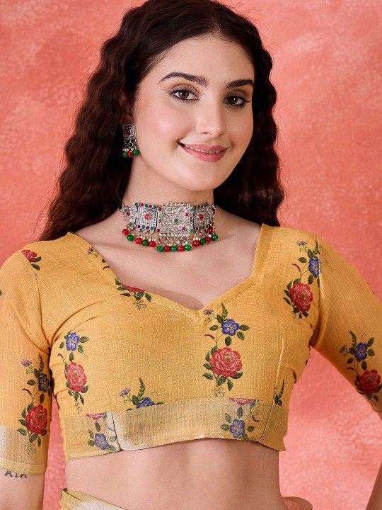 Summer Garden Floral Digital Print Linen Cotton Saree