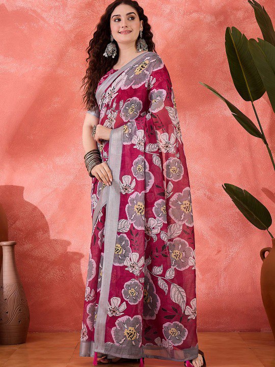 Bold Magenta Floral Digital Print Linen Cotton Saree