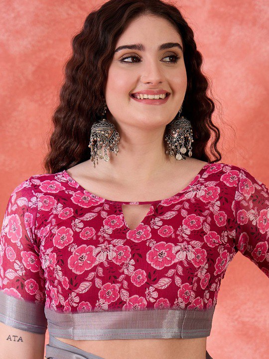 Bold Magenta Floral Digital Print Linen Cotton Saree