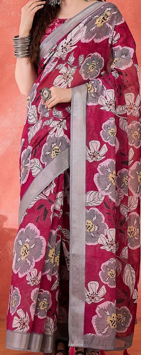 Bold Magenta Floral Digital Print Linen Cotton Saree