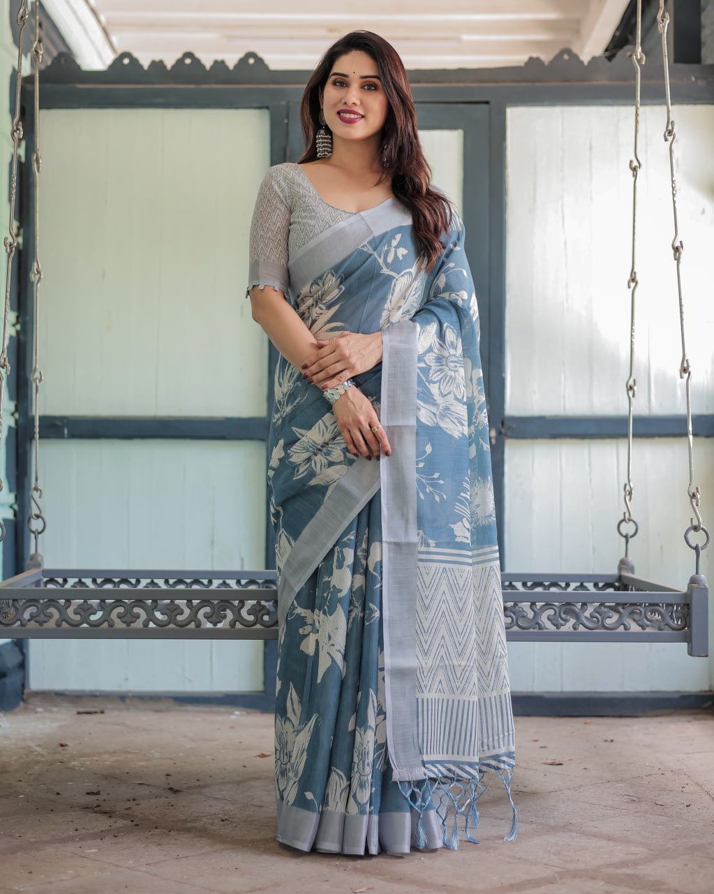 Premium Blue Floral Linen Cotton Saree