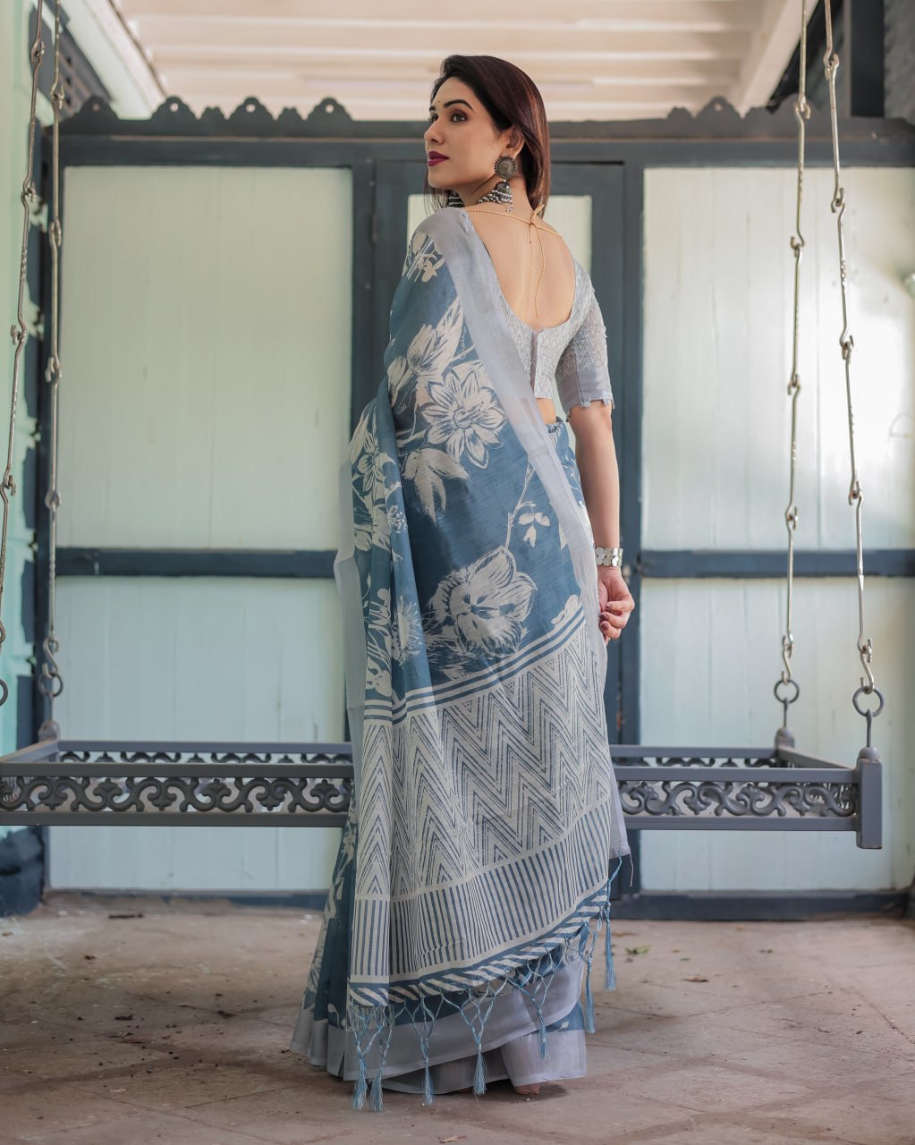 Premium Blue Floral Linen Cotton Saree