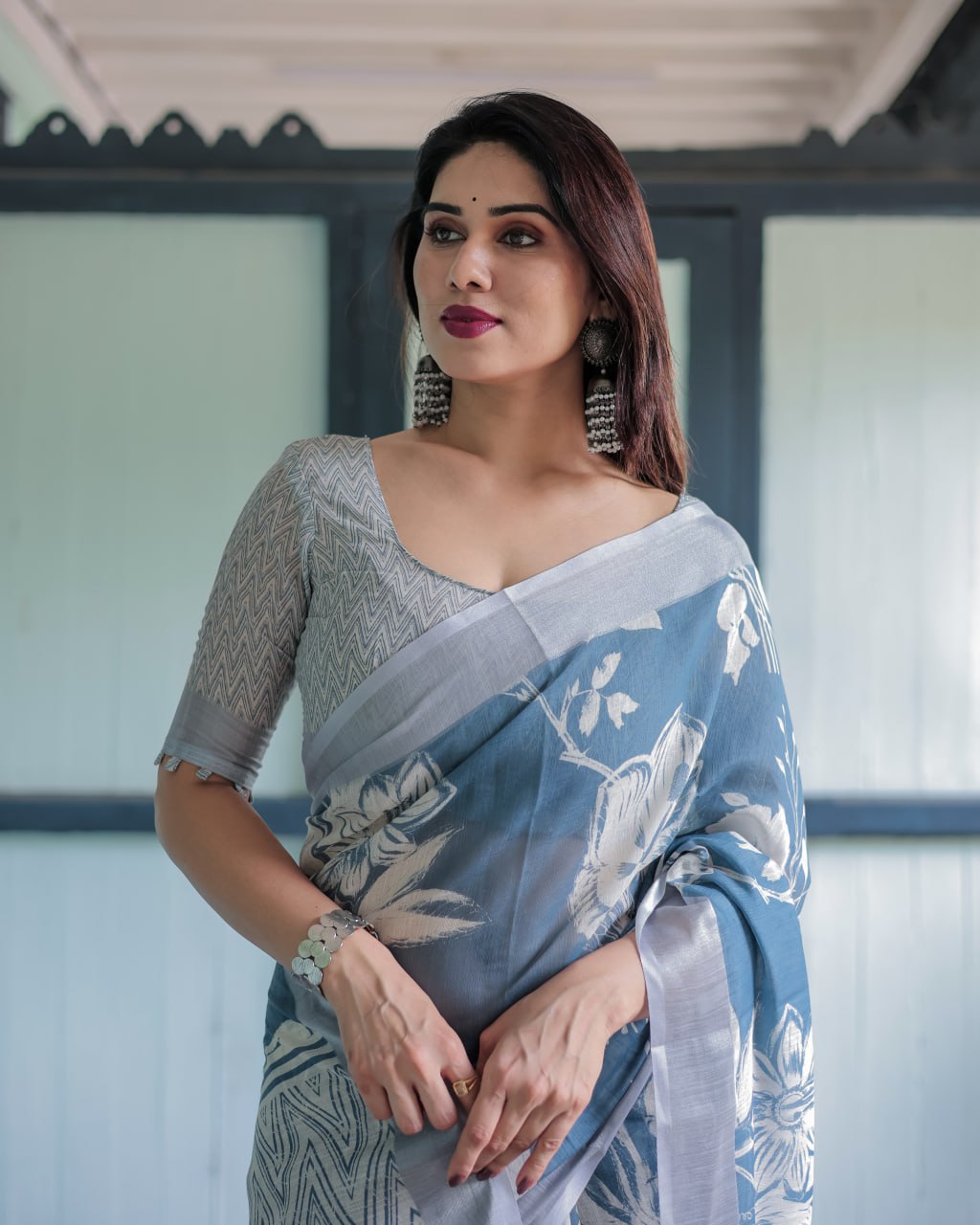 Premium Blue Floral Linen Cotton Saree