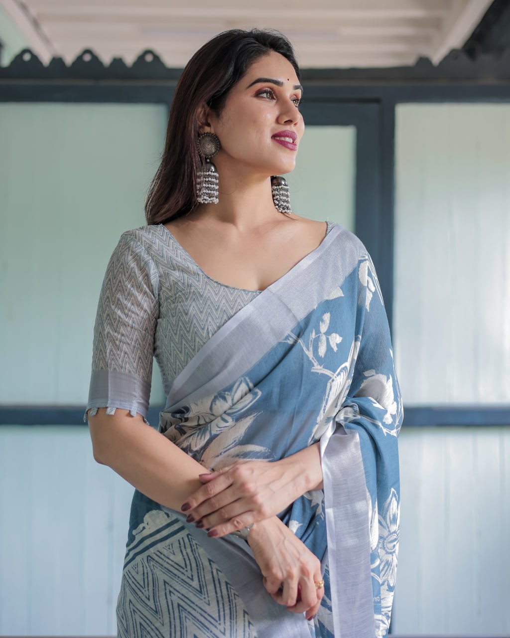 Premium Blue Floral Linen Cotton Saree