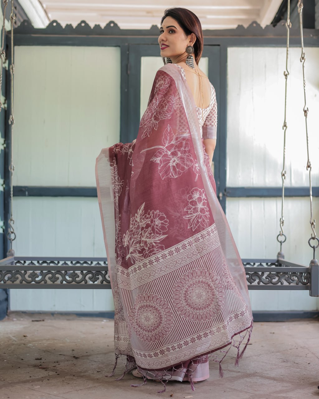 Premium Maroon Floral Linen Cotton Saree