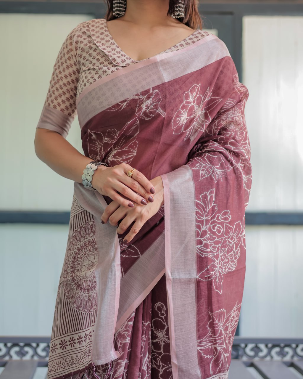 Premium Maroon Floral Linen Cotton Saree