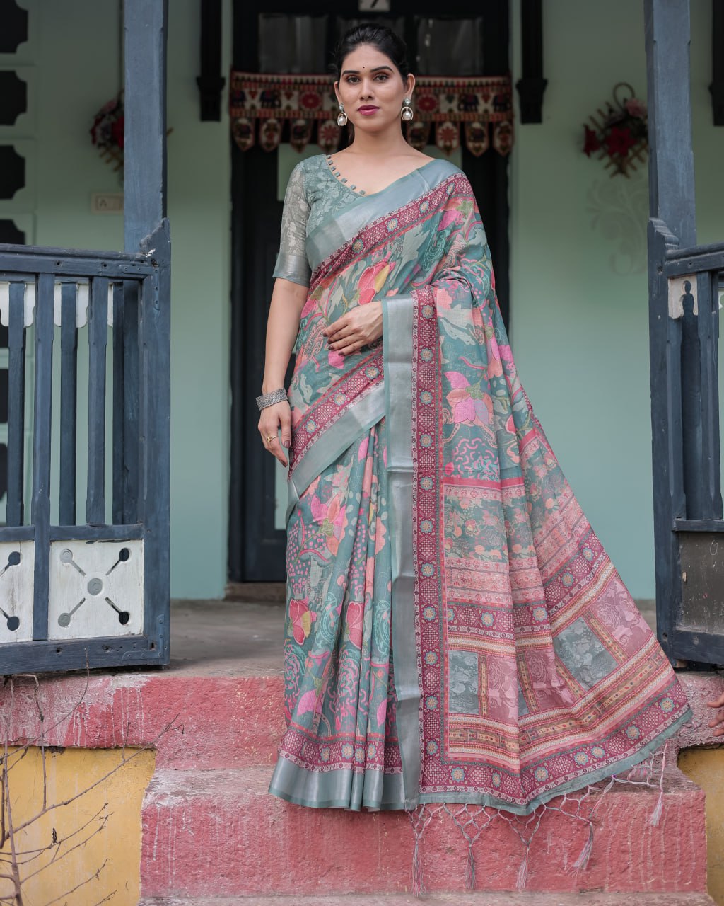 Premium Multi-Color Ethnic Print Linen Cotton Saree