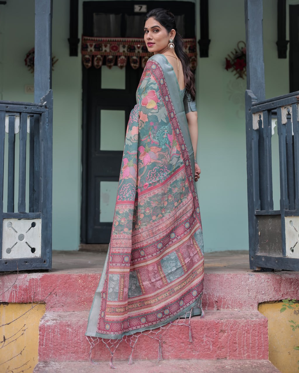 Premium Multi-Color Ethnic Print Linen Cotton Saree