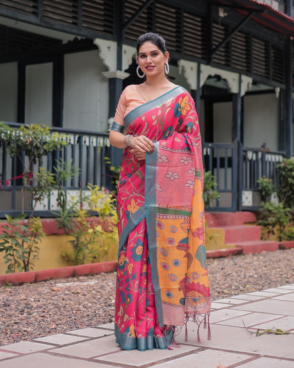 Premium Festive Multicolor Artistic Print Linen Cotton Saree