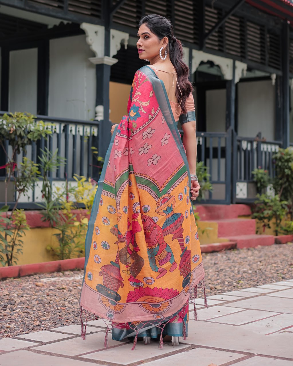 Premium Festive Multicolor Artistic Print Linen Cotton Saree
