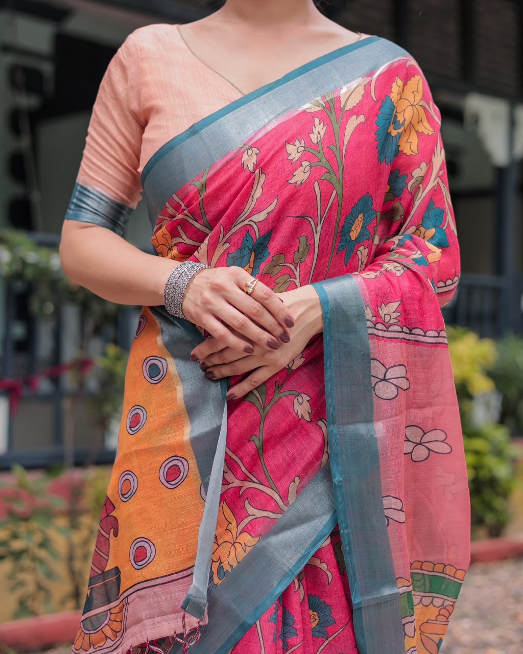 Premium Festive Multicolor Artistic Print Linen Cotton Saree