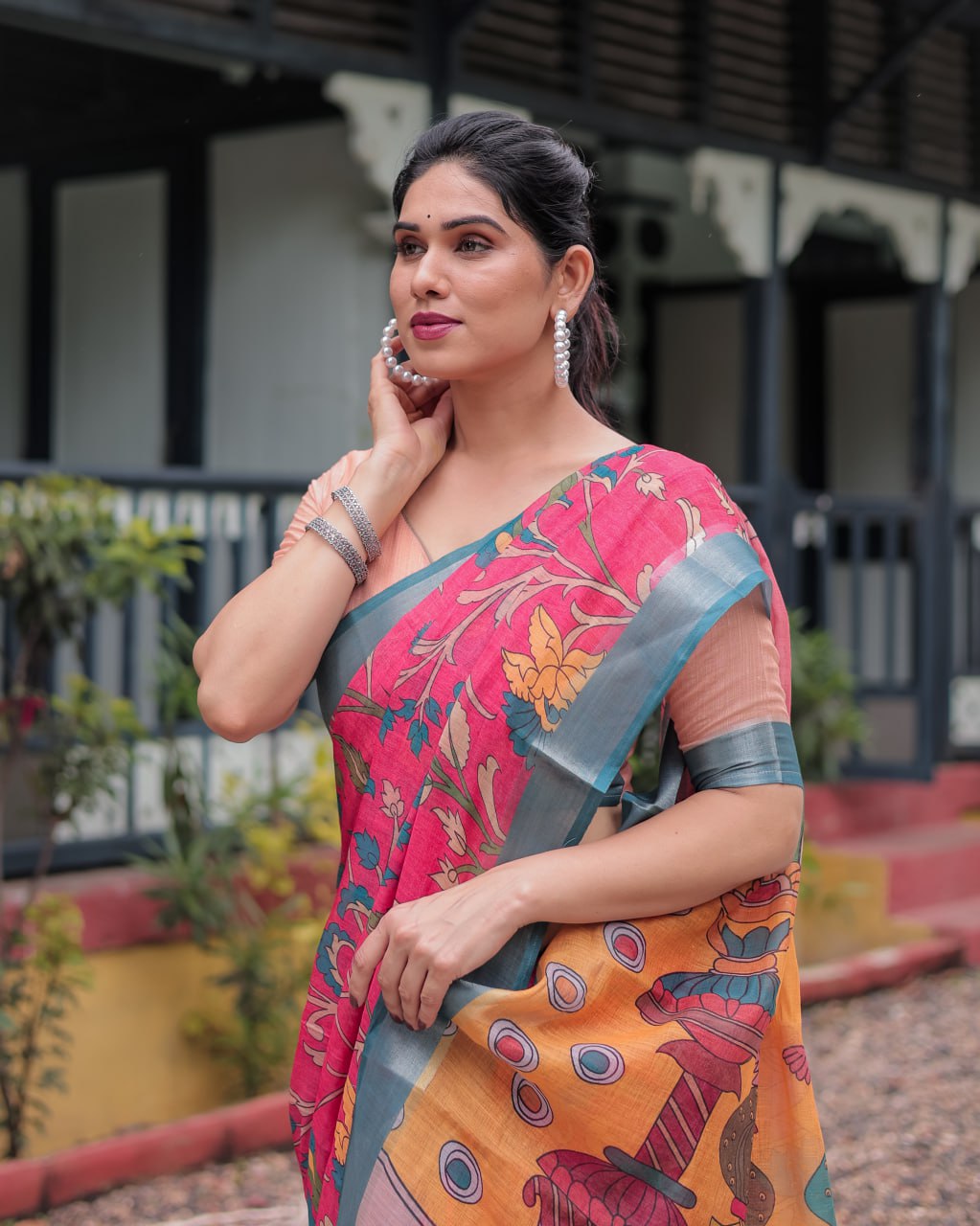 Premium Festive Multicolor Artistic Print Linen Cotton Saree