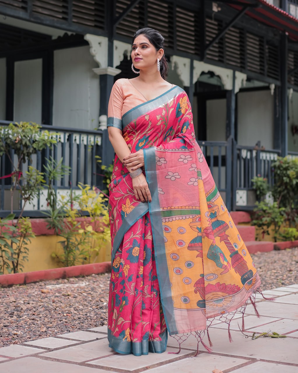 Premium Festive Multicolor Artistic Print Linen Cotton Saree