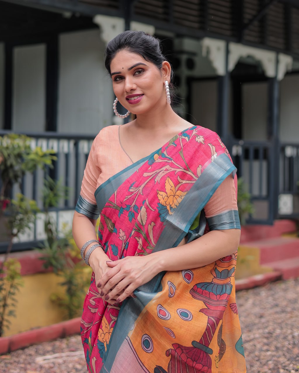 Premium Festive Multicolor Artistic Print Linen Cotton Saree