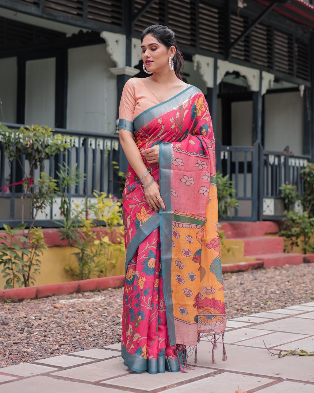 Premium Festive Multicolor Artistic Print Linen Cotton Saree