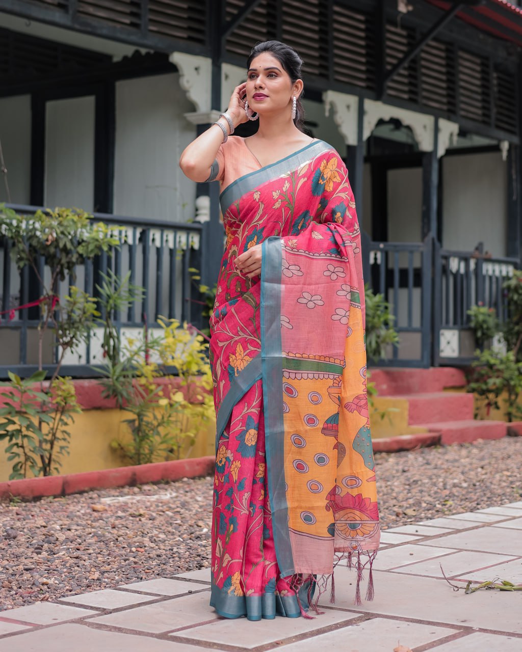 Premium Festive Multicolor Artistic Print Linen Cotton Saree