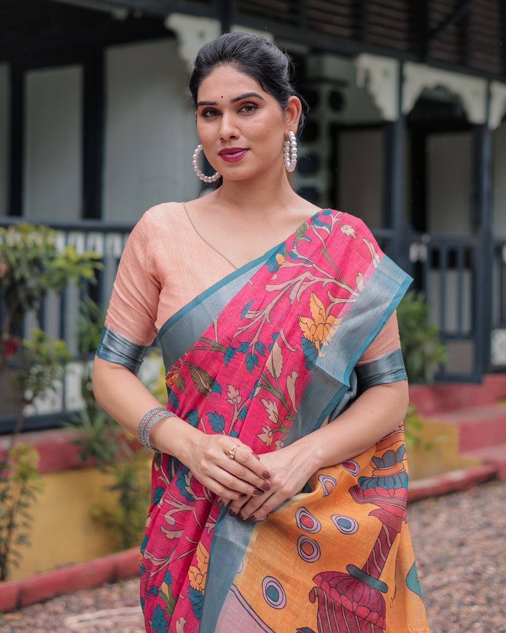 Premium Festive Multicolor Artistic Print Linen Cotton Saree