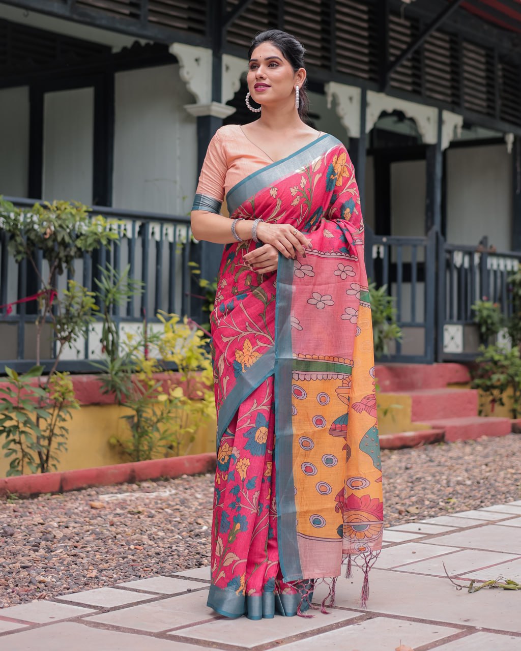 Premium Festive Multicolor Artistic Print Linen Cotton Saree