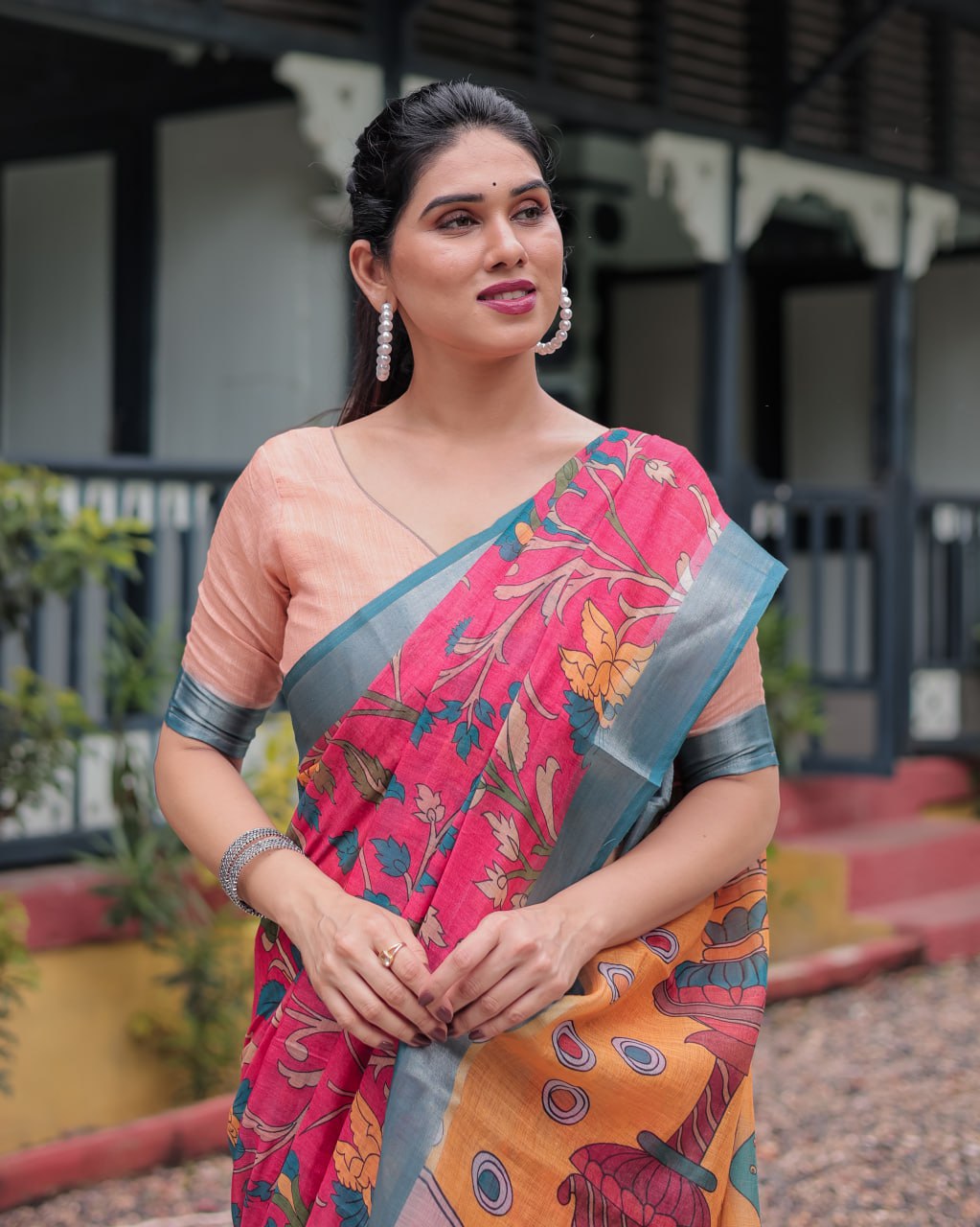 Premium Festive Multicolor Artistic Print Linen Cotton Saree