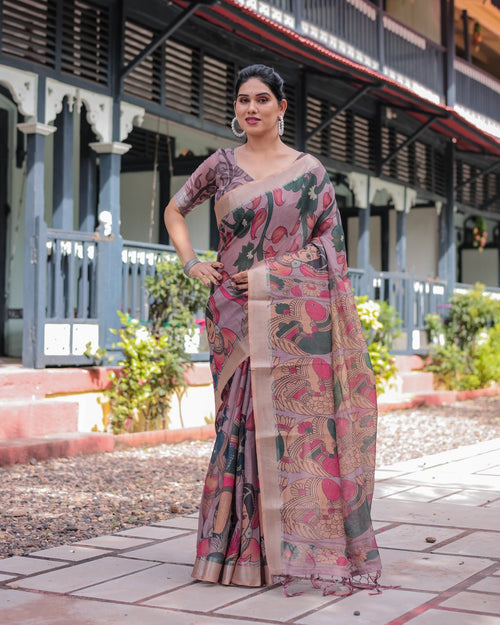 : Premium Madhubani Print Linen Cotton Saree